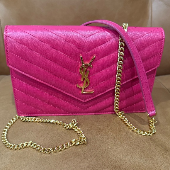 YSL Saint Laurent Bright Pink Chevron Quilted Caviar Leather Wallet On Chain WOC - Picture 1 of 17